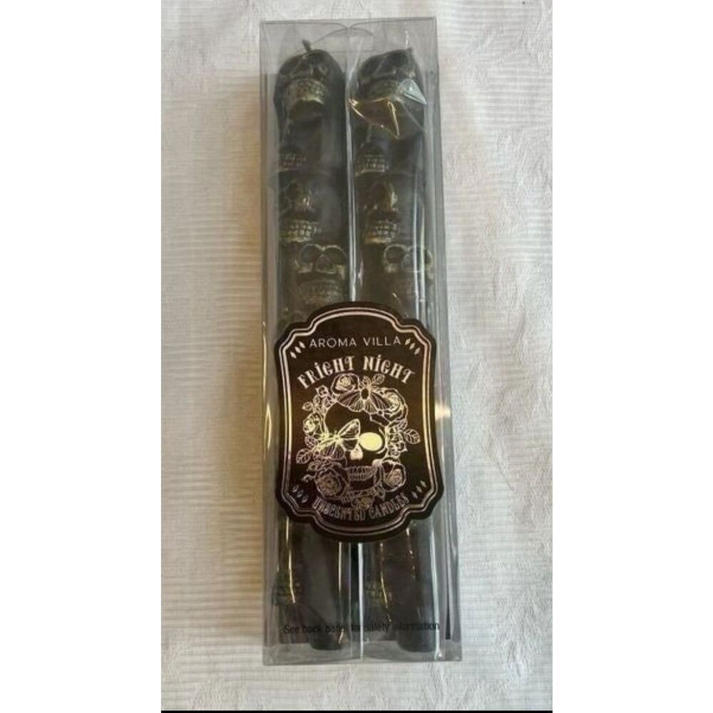 Aroma Villa 2 Candelabra Candles Blk Skull Unscented Fright Night Halloween NIB